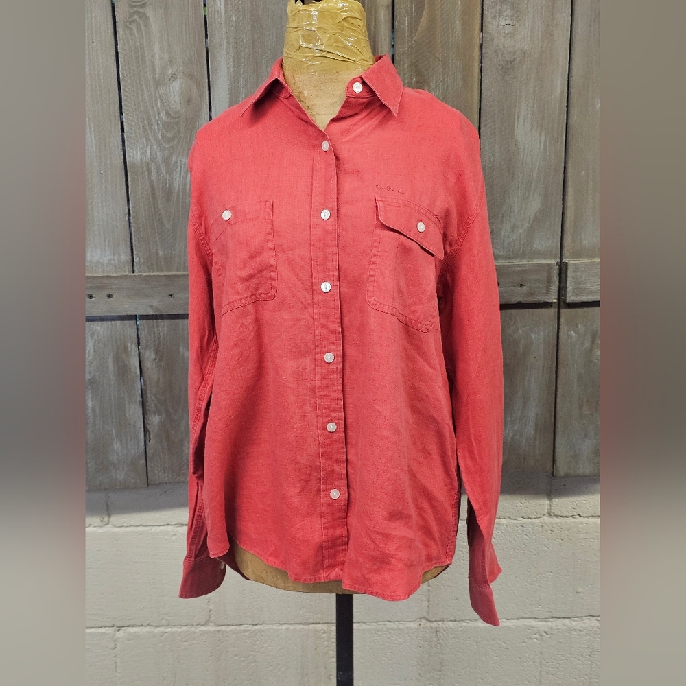 Lauren Ralph Lauren Womens Large Button Up Shirt 100% Linen Roll‎ Tab Sleeve Red
